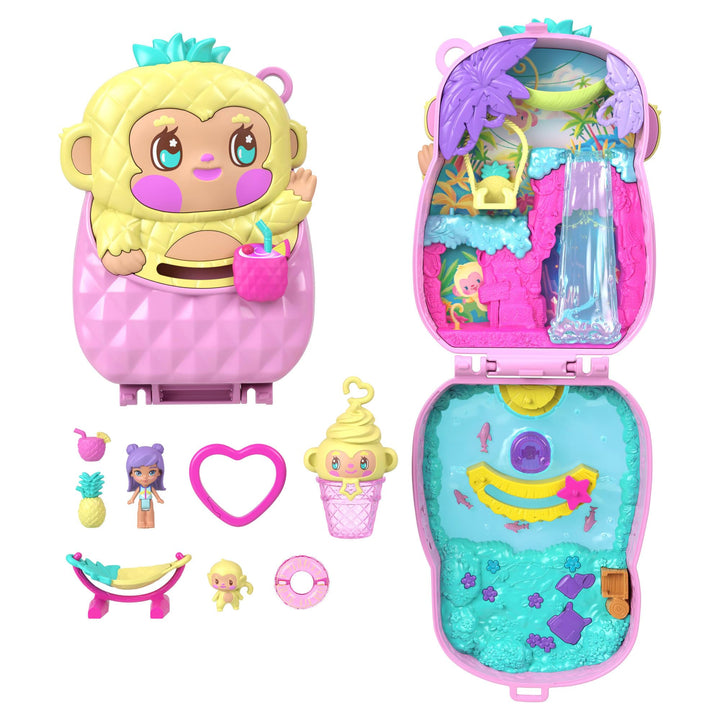 Polly Pocket Puppen und Spielset, Ananas-Äffchen-Schatulle, Reisespielzeug mit 1 Mikropuppe, Haustie