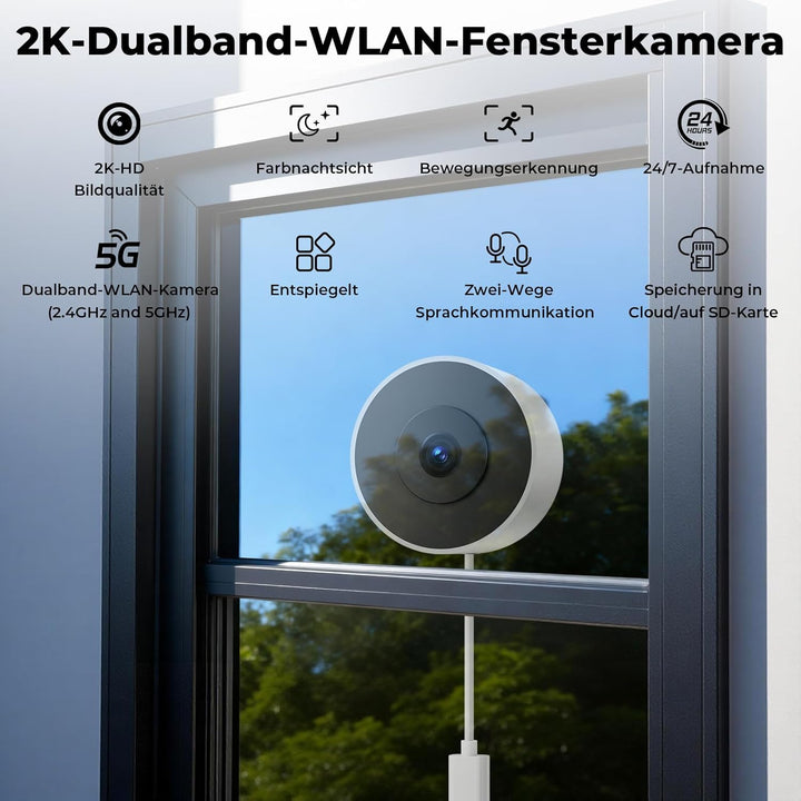 2K 3MP Fenster Überwachungskamera Innen, Innenkamera mit Farb-Nachtsicht, Blendschutz & Antireflex,2