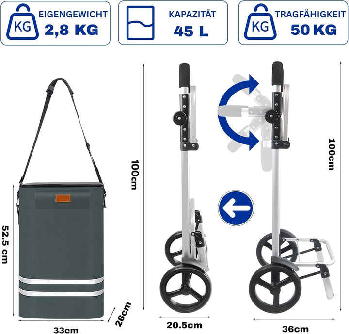Allyson Rechteckiger Einkaufswagen - Ergonomischer, Klappbarer Shopping Trolley mit 56L Wasserdichte