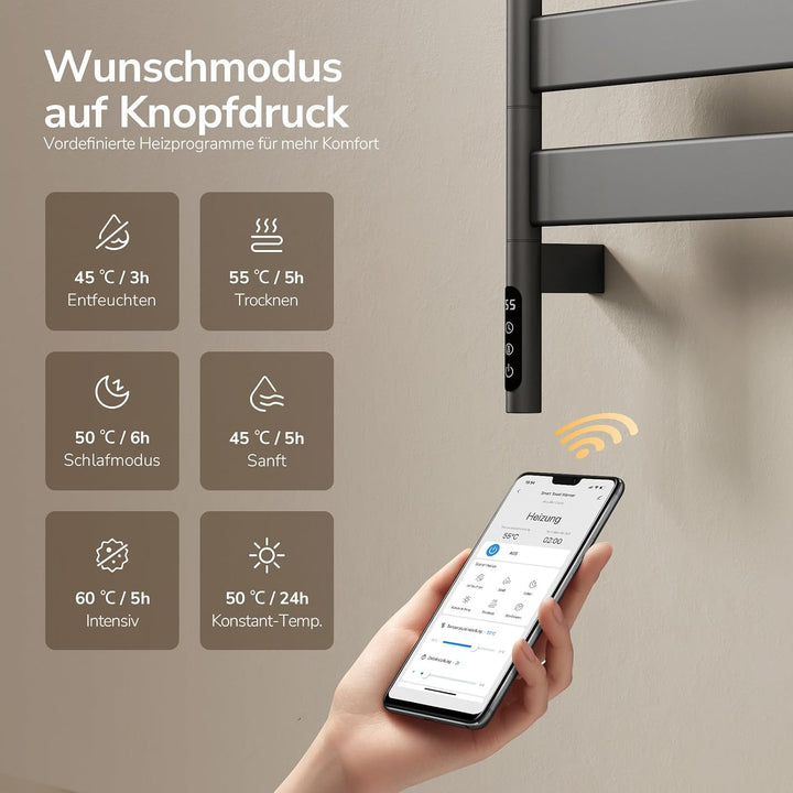 EMKE Elektrischer Handtuchheizkörper 769x450 mm, 180° schwenkbarer Badheizkörper mit WiFi-App-Steuer