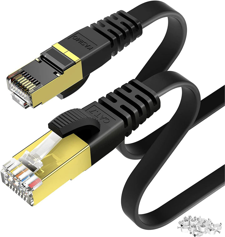 KASIMO Cat7-Gigabit-Ethernet-Kabel, 20 m, schwarz, Hochgeschwindigkeits-Flach-RJ45, kompatibel mit P