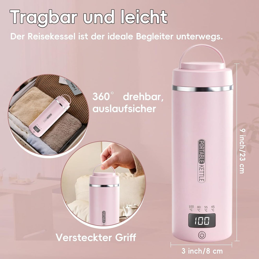 Tragbarer Reisewasserkocher 450 ml 4 Temperatureinstellungen Mini-Wasserkocher zum Anschliessen Edel