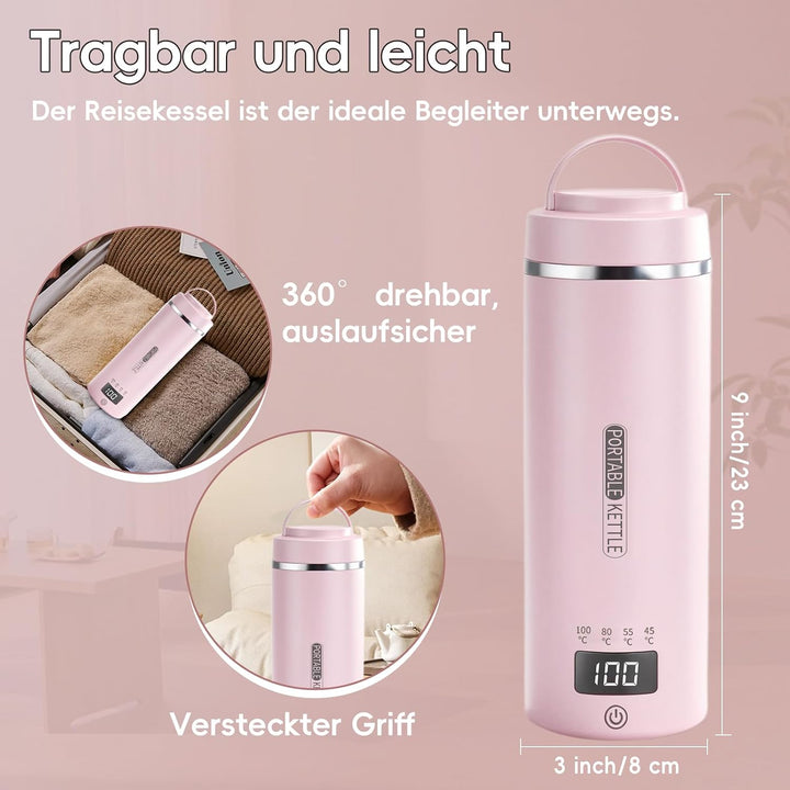Tragbarer Reisewasserkocher 450 ml 4 Temperatureinstellungen Mini-Wasserkocher zum Anschliessen Edel