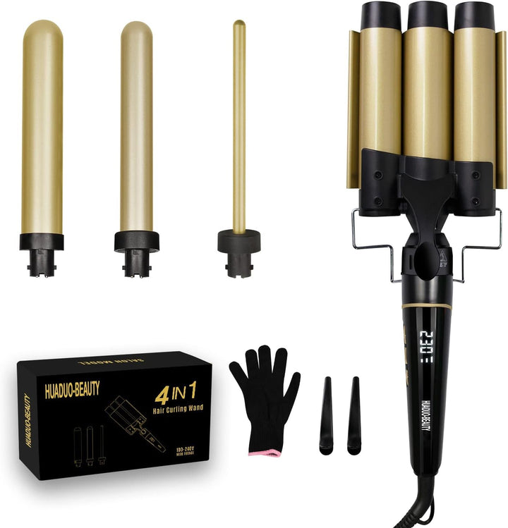 4 in 1 Lockenstab Set,3 Fässer Welleneisen 32mm Keramik mit Lockenstab Grosse Locken,Welleneisen Ver