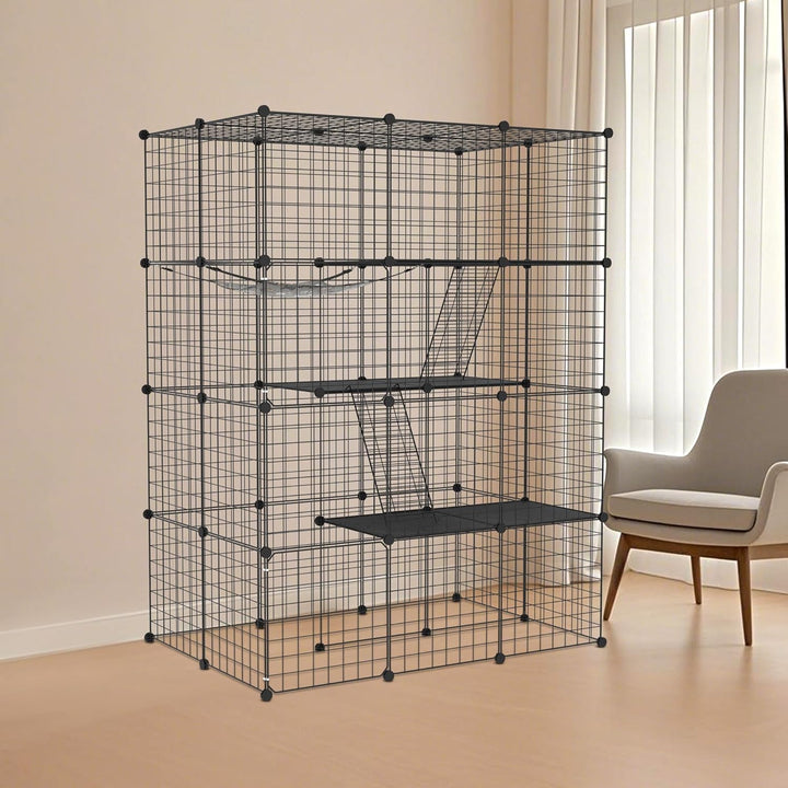 Aufun Grosser Katzenkäfig 4 Ebene aus Metall mit 2 Leitern DIY Katzenlaufstall Zusammenklappbarer Ka