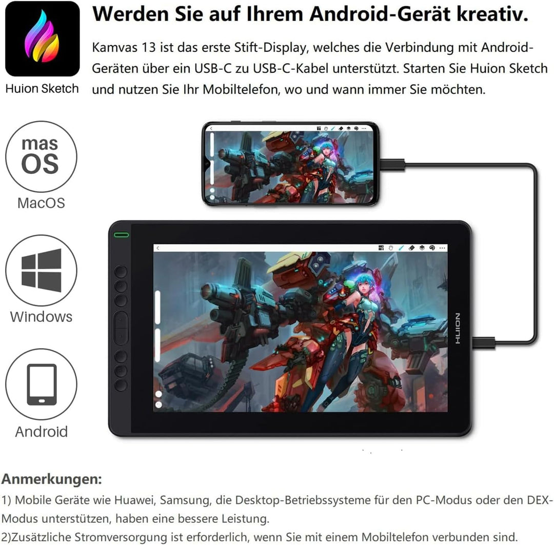 HUION Kamvas 13 Grafiktablett mit Display, 13,3 Zoll Volllaminatbildschirm Pen Display, 8 programmie