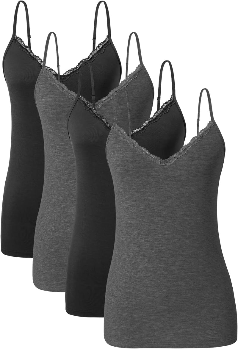 Damen Tanktop mit Spitzen Unterhemd Spaghettiträger Basic Top V-Ausschnitt Verstellbare Trägertop 4e