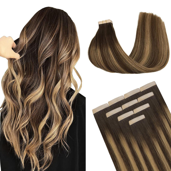 DOORES Remy Menschliches Haar Adhesive Glatt Haar Extension, Balayage Schokoladenbraun bis Karamellb