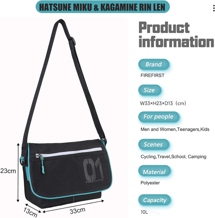 FIREFIRST Hatsune Miku & Kagamine Rin Lens Crossbody Messenger Schultertasche Türkis W33×H23×D13（cm）