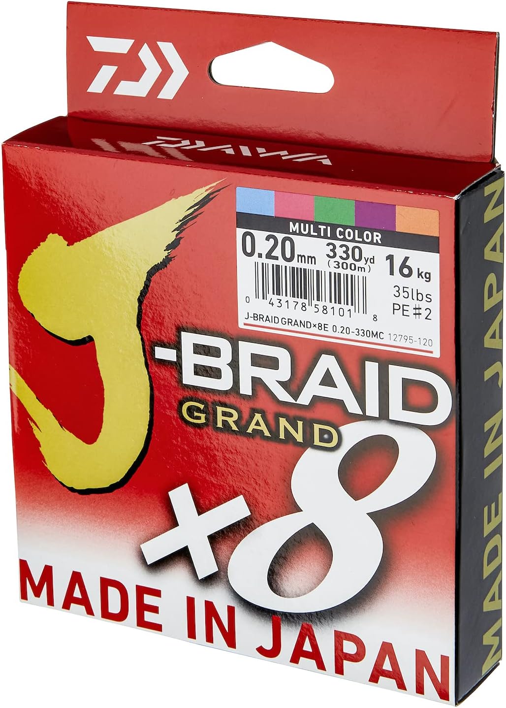 Daiwa J-Braid Grand x8E 0.18mm, 12.5kg/28.0Lbs, 300m, Mehrfarbig, Geflochtene Angelschnur, 12795-118