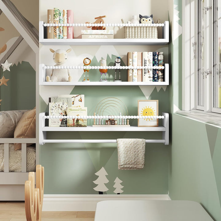 WOLTU 3er Set Kinder Bücherregal Wand, 60cm Wandregal Kinderzimmer, aus Massivholz, Hängeregal Schwe