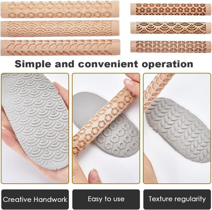 CREATCABIN 6er Set Mit Musterrollen Für Tonmodellierung 3 Stile Strukturierte Nudelhölzer Blumen Mee
