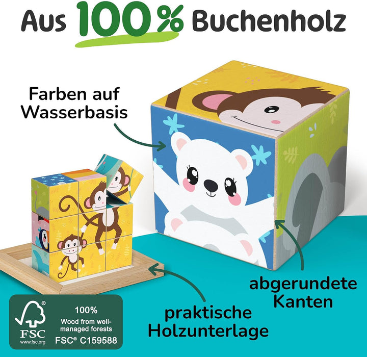 Merle Toys® 6-in-1 Würfelpuzzle ab 2 Jahre aus 100% Öko-Buchenholz, Würfelpuzzle ab 3 Jahre, Bilderw