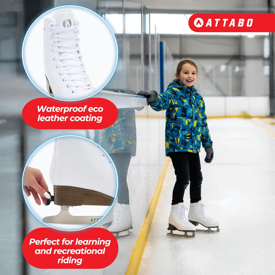 ATTABO OLI Kinder Eiskunstlauf-Schlittschuhe, verstellbar, Weiss – Edelstahl-Figurkufe mit Toe Pick,