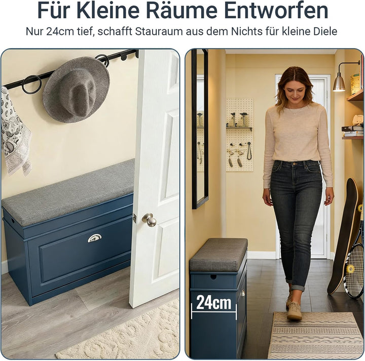 SoBuy Schuhbank mit Sitzfläche Sitzbank mit Stauraum und Klappen, schmaler Schuhschrank mit Sitzbank