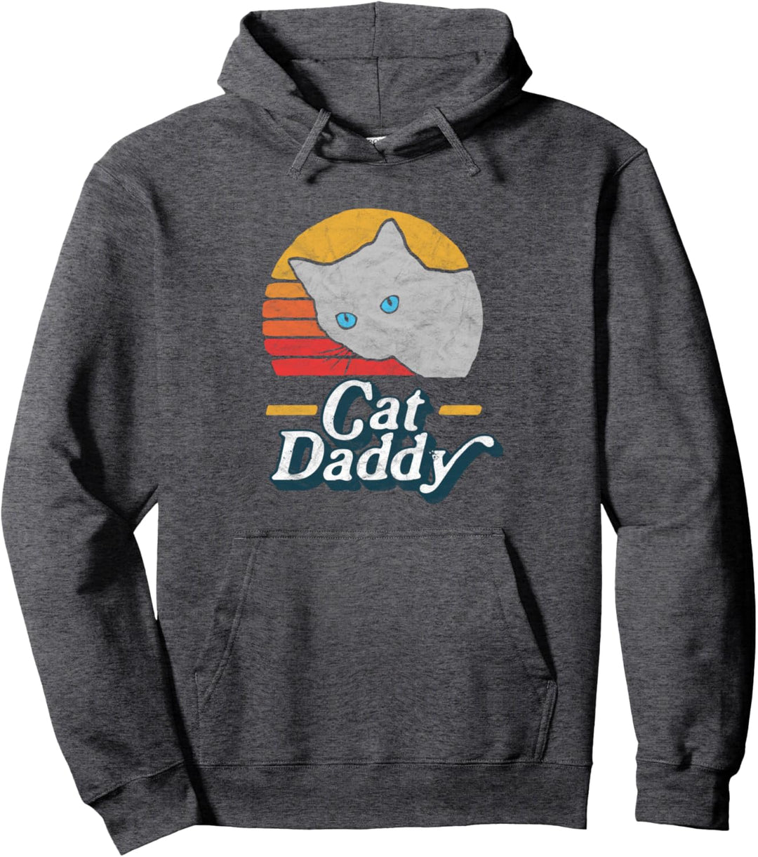 Cat Daddy Vintage Eighties Style Gray Cat Retro Distressed Pullover Hoodie