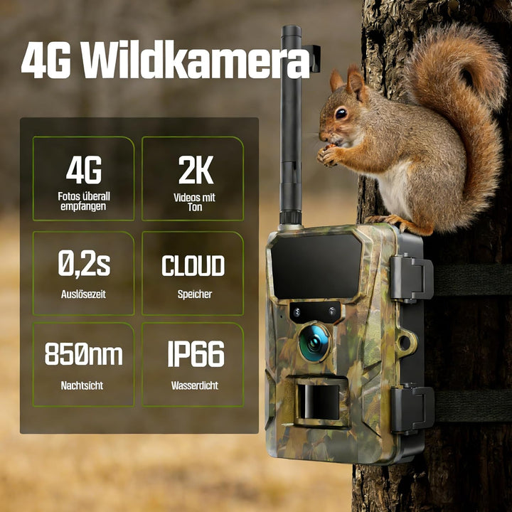 CEYOMUR 4G LTE Wildkamera mit Handyübertragung App, 2K HD Wildkamera mit SIM Karte mit 2.0" LCD-Bild