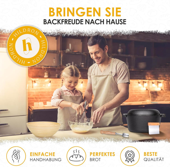 Gusseisen Topf Brot Backen inkl. Gärkorb, Bäckermesser & Teigschaber - 26cm Brotbackform mit Deckel