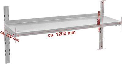 Beeketal 'BWR-2' Gastro Edelstahl Küchen Wandregal 1200 mm Länge x 320 mm Tiefe, 1 Ablagefläche mit