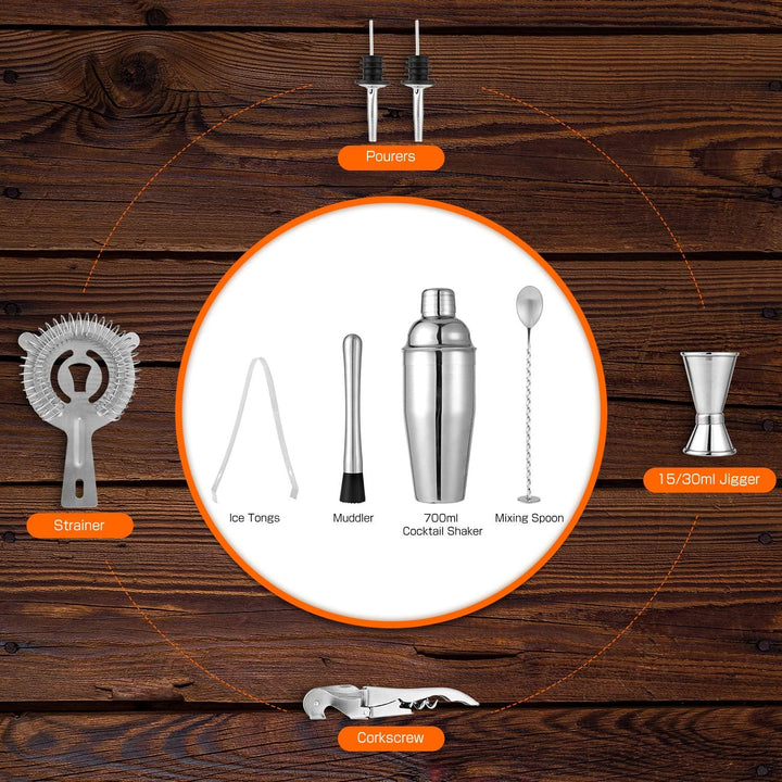 Hochwertiges Cocktailshaker Set, Cocktailmixer Set, 10 Teileig, aus Edelstahl, mit Bambus-Aufbewahru