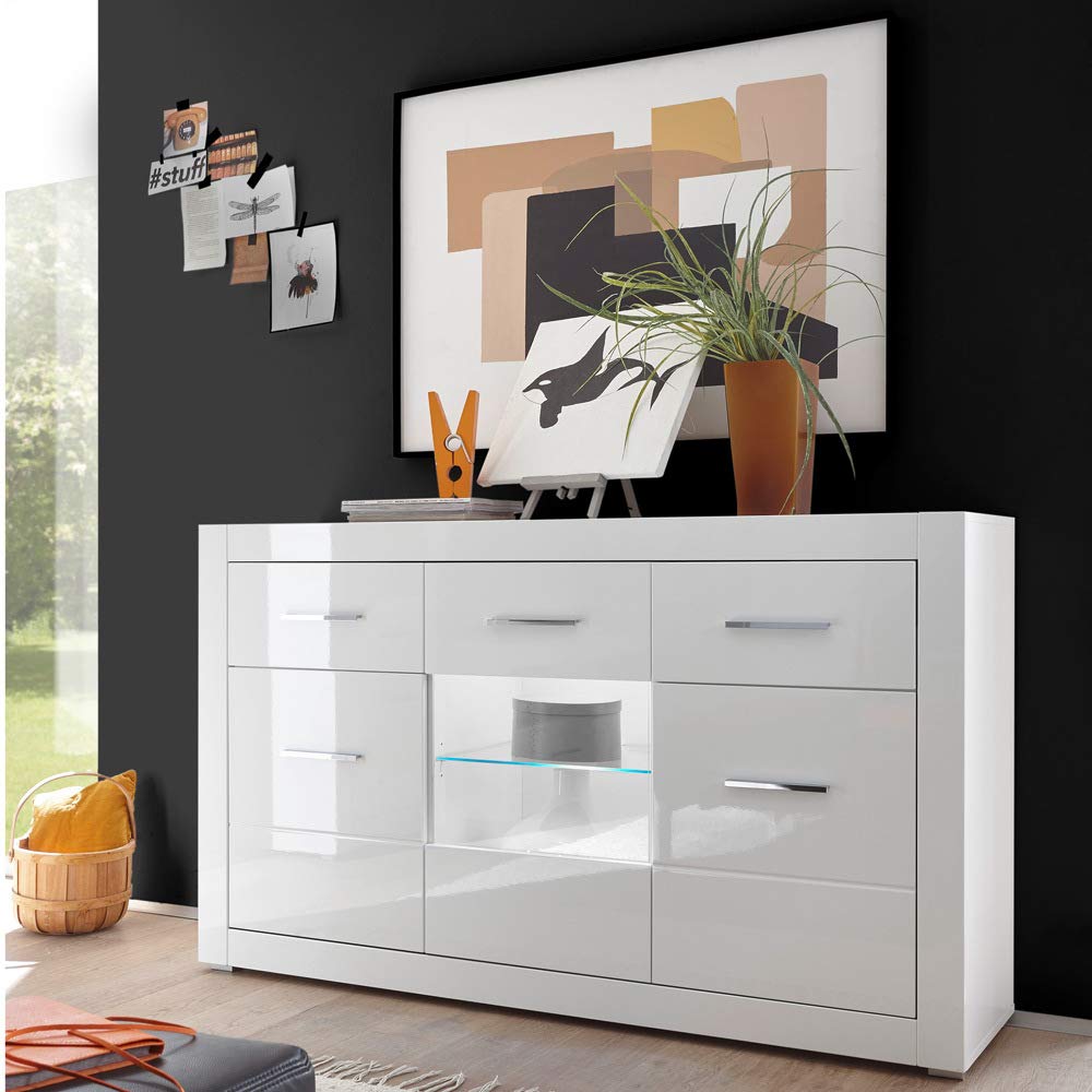 Lomadox Sideboard in weiss Hochglanz Breite: 164cm inkl. LED-Glaskantenbeleuchtung