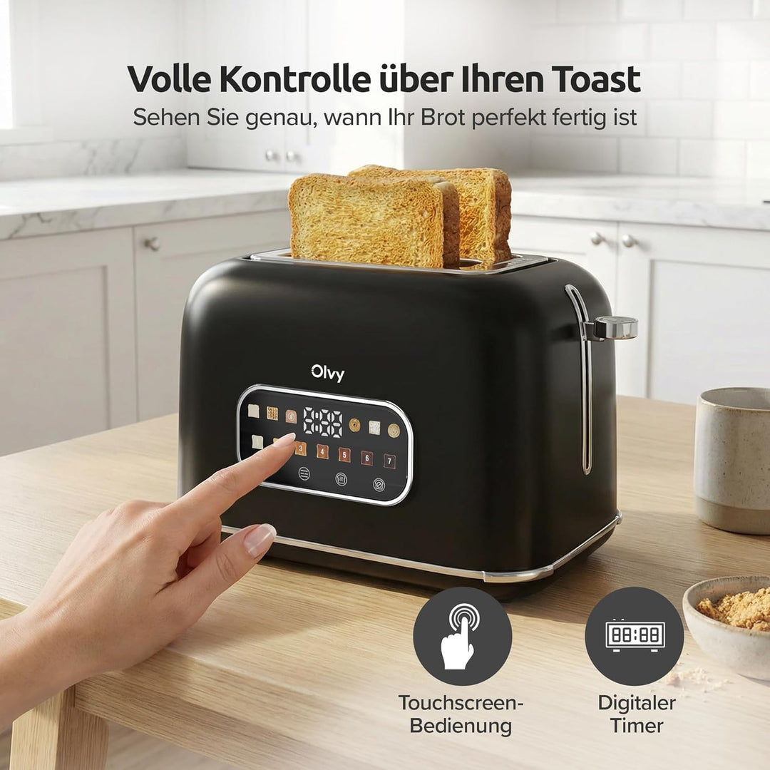Toaster Olvy 900W – 7 Bräunungsstufen, LCD-Display mit Timer, Extra breite Schlitze, Auftau- und Auf