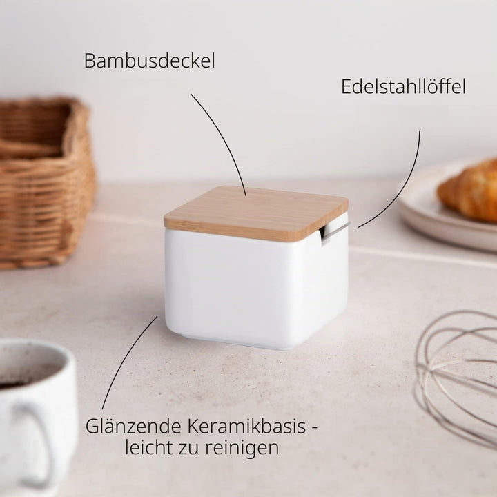 Set Salzdose und Zuckerdose - Keramik mit deckels aus umweltfreundlichem Bambus - Praktischer behält