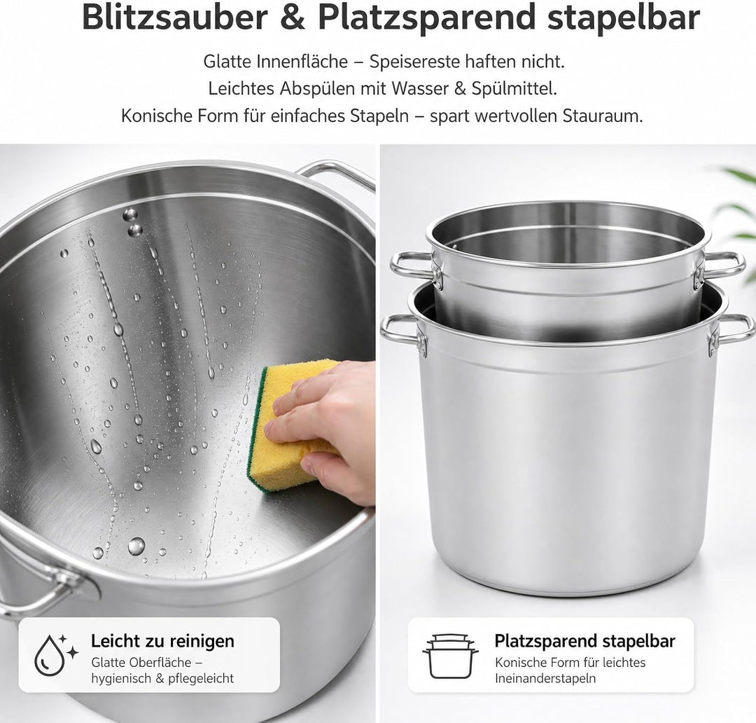 Edelstahl Suppentopf 98L, Gastronomie Kochtopf Suppentopf Gross mit Griffen und Sinkendeckel, Ø 51.5