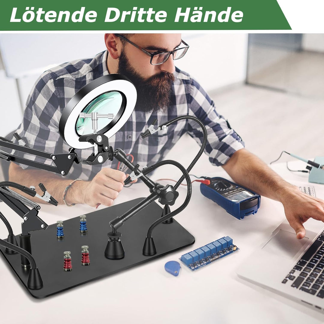 Dritte hand Löten, Magnetische Löthilfe Helfende Hand mit 10X Lupe Licht, Lötstation mit 4 PCB-Säule