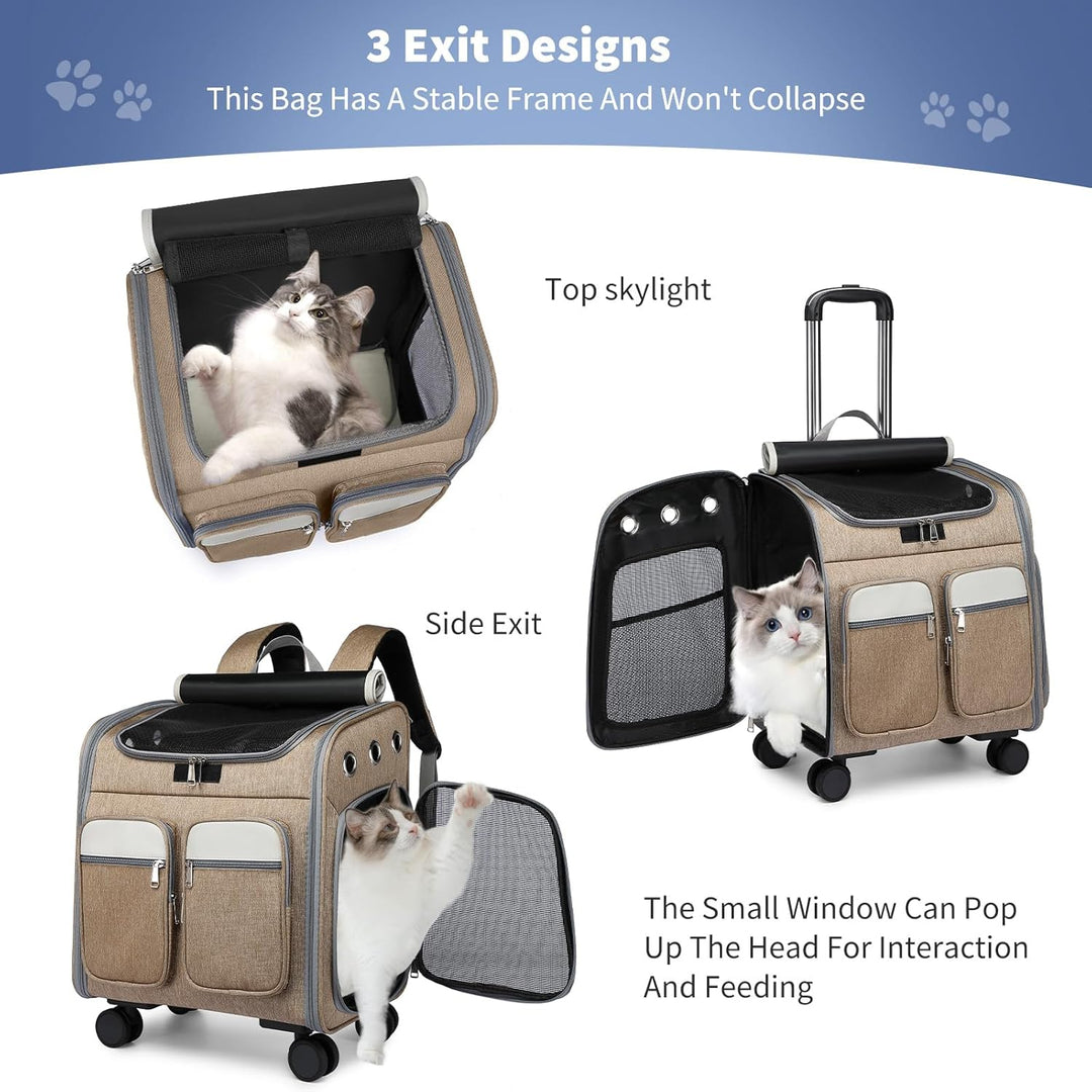 PETCUTE Katzenrucksack Hunderucksack mit Trolley 2 in 1 bis 11 kg,Faltbarer Hundetrolley mit 4 Räder