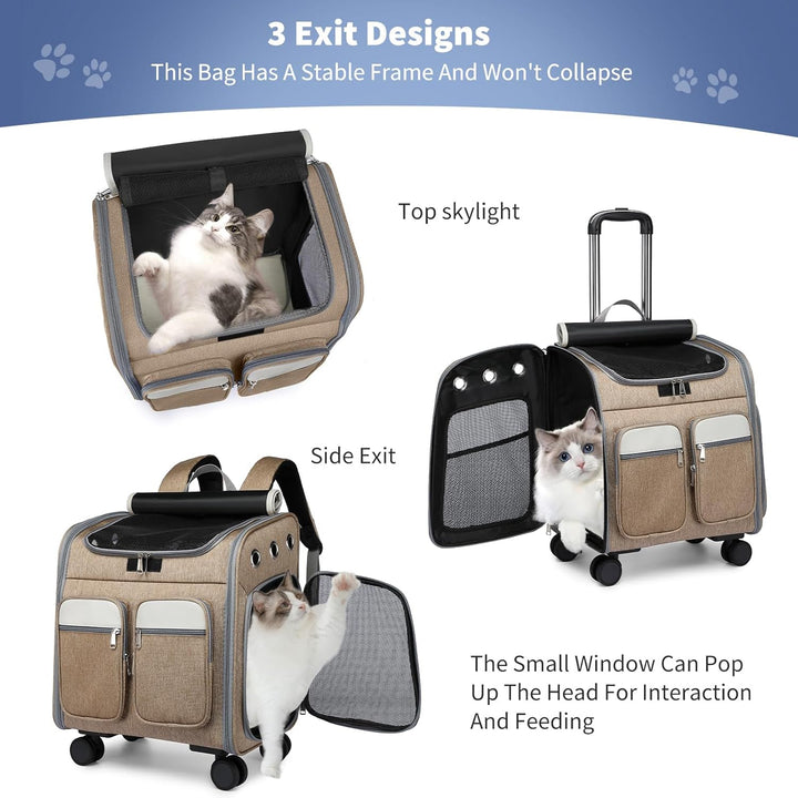 PETCUTE Katzenrucksack Hunderucksack mit Trolley 2 in 1 bis 11 kg,Faltbarer Hundetrolley mit 4 Räder