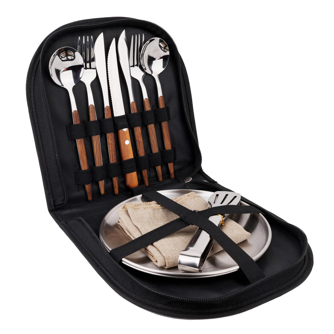 Camping Geschirr Set für 2 Personen, 12 Stück, Edelstahl, Picknick Besteck, Tragbare Bestecktaschen,