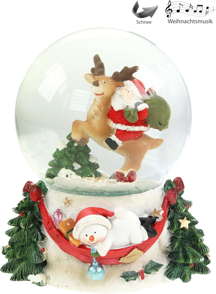 Schneekugel/Spieluhr 100mm mit Weihnachtsmann/Rentier– 14,5 cm Höhe, Mit Schneeflocken-Effekt und We