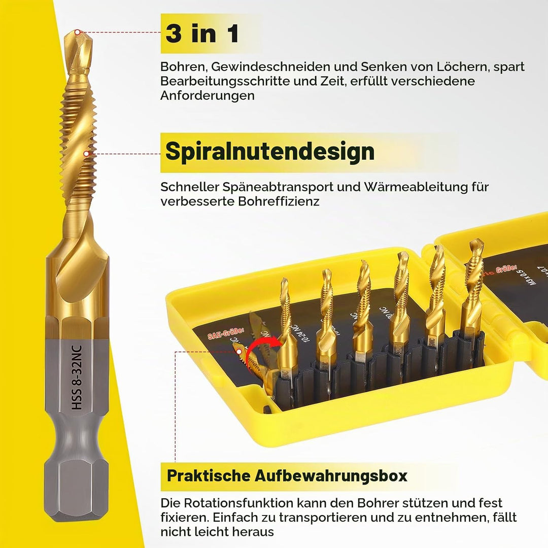 HSEAMALL 13 Stück Gewindebohrer Set,Kombi-Bohrer Gewindebohrer Bit Satz 6mm HSS M3-M10 Gewindeschnei