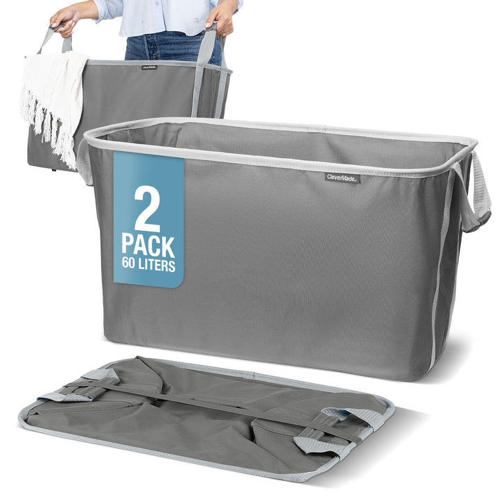 CleverMade Zusammenklappbare Wäschekörbe, Schattengrau/Steingrau, 2 Stück, 60 l, faltbarer Wäschekor
