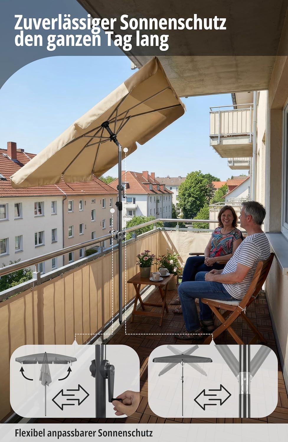 4smile Sonnenschirm Balkon mit Kurbel, Sonnenschirm rechteckig 210x140 cm, Sonnenschutz Balkon mit U