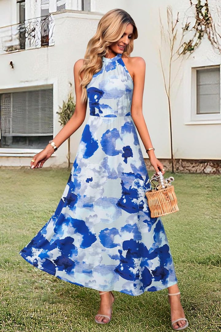 STYLEWORD Damen Neckholder Elegant Sommerkleid Ärmellos Blumenkleid Maxikleid Lange Strandkleid, M F