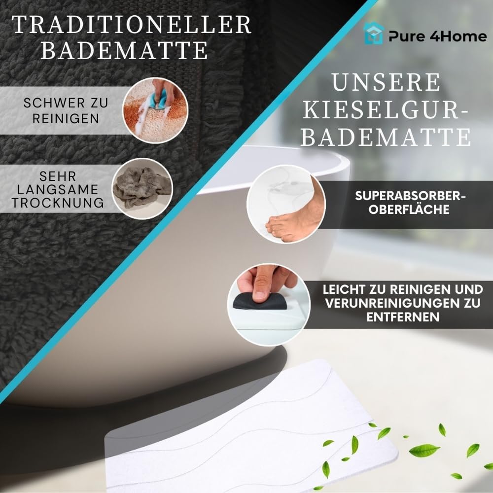 Pure 4Home Badematte Kieselgur 60 x 40 cm – Saugstark & Schnelltrocknend, rutschfest – Diatomit Stei