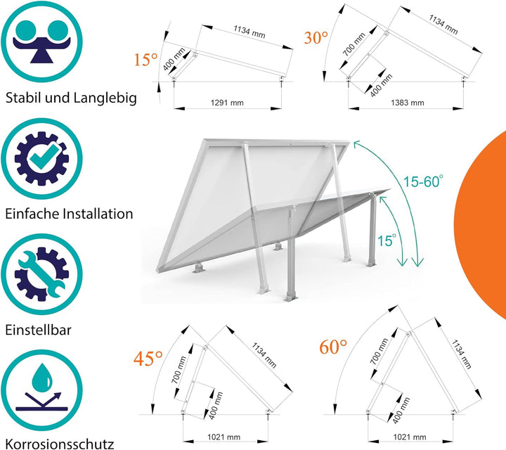 2 Sets SAVOLAR Solarmodul Halterung Balkonkraftwerk Flachdach (15-60°) Winkel Einstellbar, 50-100cm