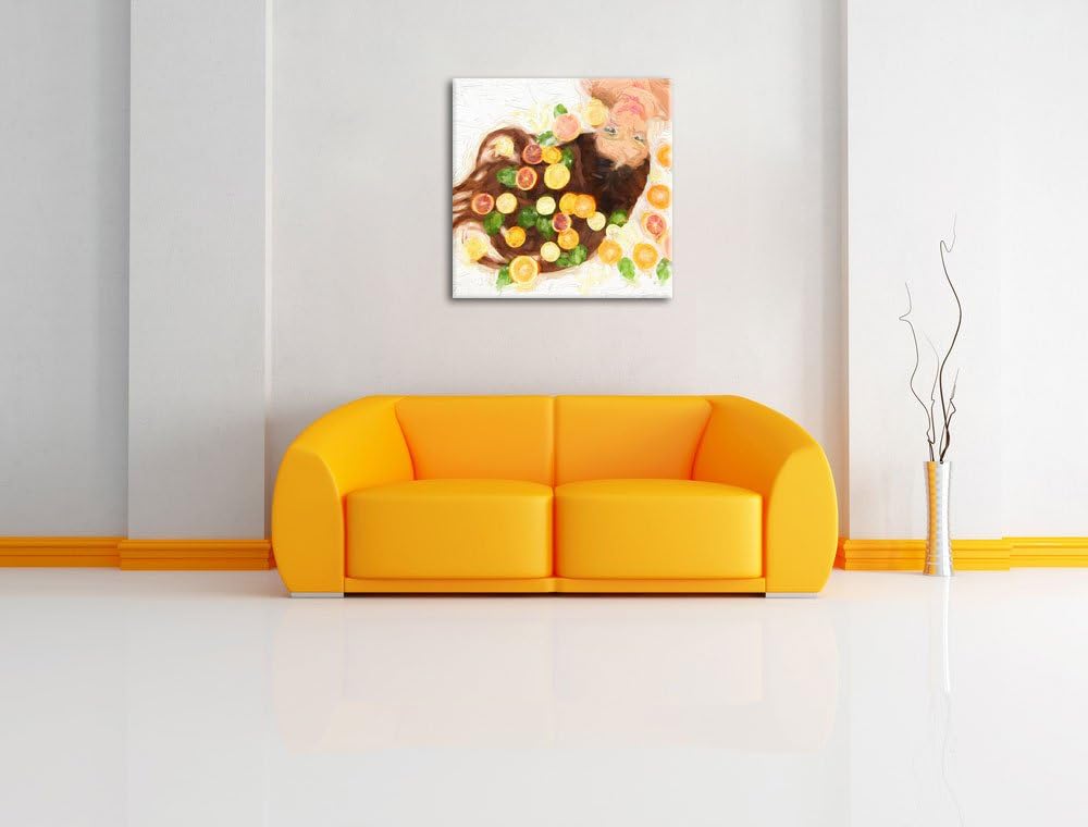 Pixxprint Hübsche Frau mit Obstscheiben als Leinwandbild/Grösse: 70x70 cm/Wandbild/Kunstdruck/fertig