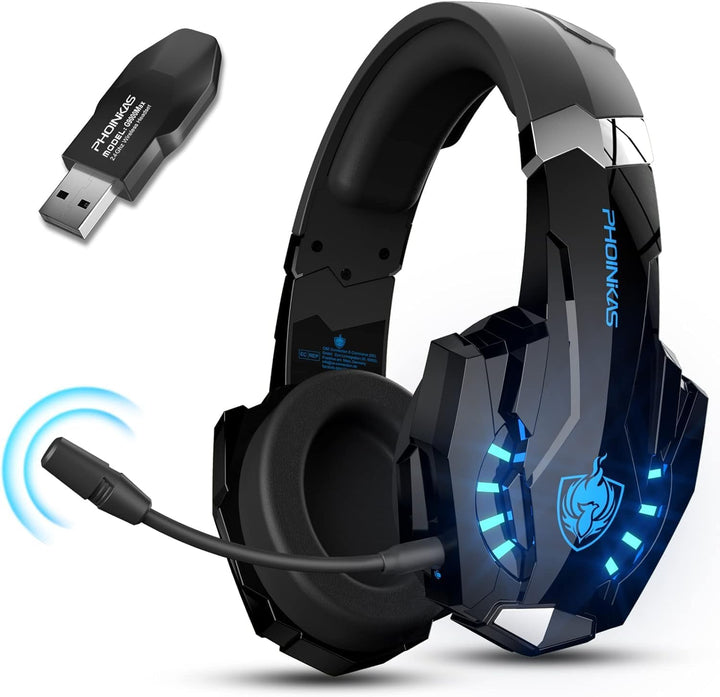 PHOINIKAS Gaming Headset Wireless, Kabellose Kopfhörer, für PS4/PS5/Switch/PC, 2,4GHz-Dongle und 3,5