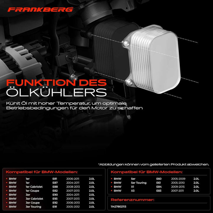 Frankberg Ölkühler Motoröl für E81 E87 E88 E82 118d 120d E90 E93 E92 320d E91 316d E60 E61 520d X1 E