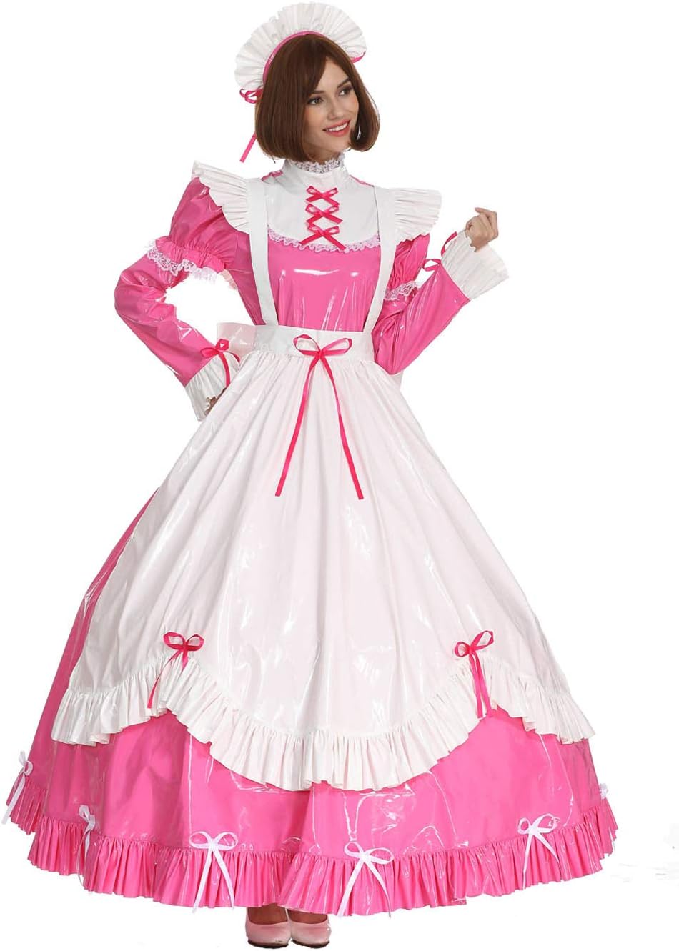 GOceBaby Frauen Sissy Dienstmädchen Gotisch Schleife Rosa PVC Verschliessbar Kleid Crossdress mit La