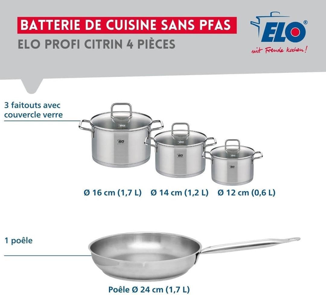 ELO 9693750 Kochgeschirr-Set, 4-teilig, 1 Bratpfanne 24 cm und 3 Kochtöpfe 12, 14 und 16 cm Elo Prof