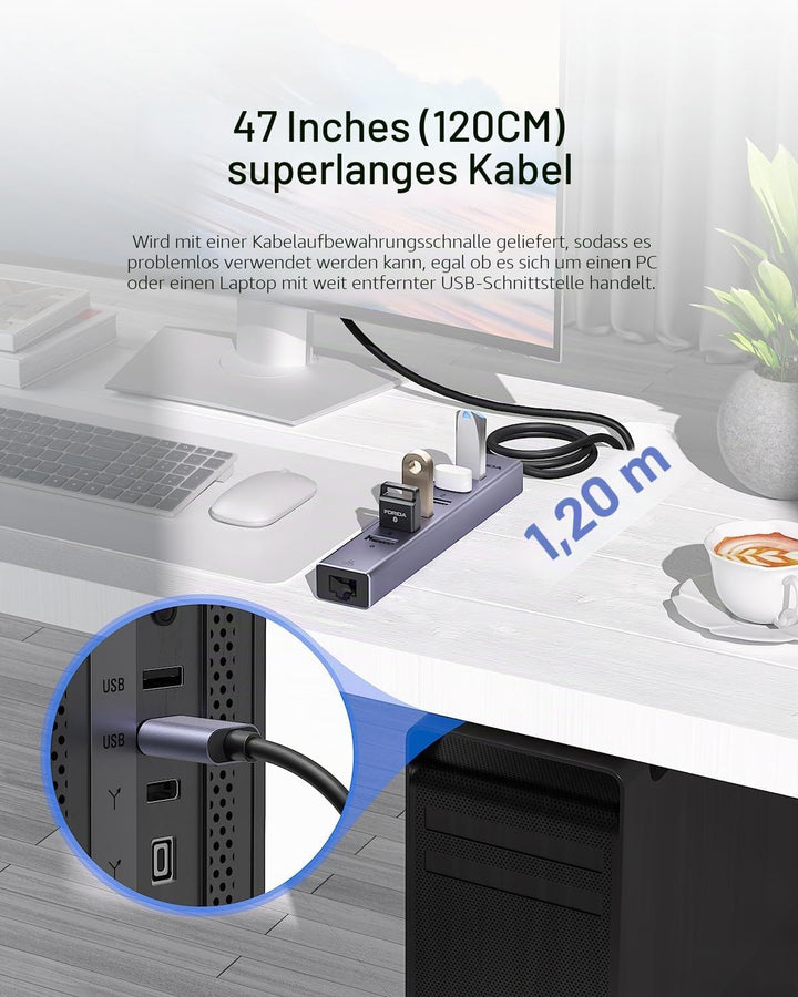 8Port USB Hub 3.0 mit 120cm Kabel, USB zu Netzwerk-Hub mit 6 3.0 Ports und 1000Mbps LAN Adapter, 5V/