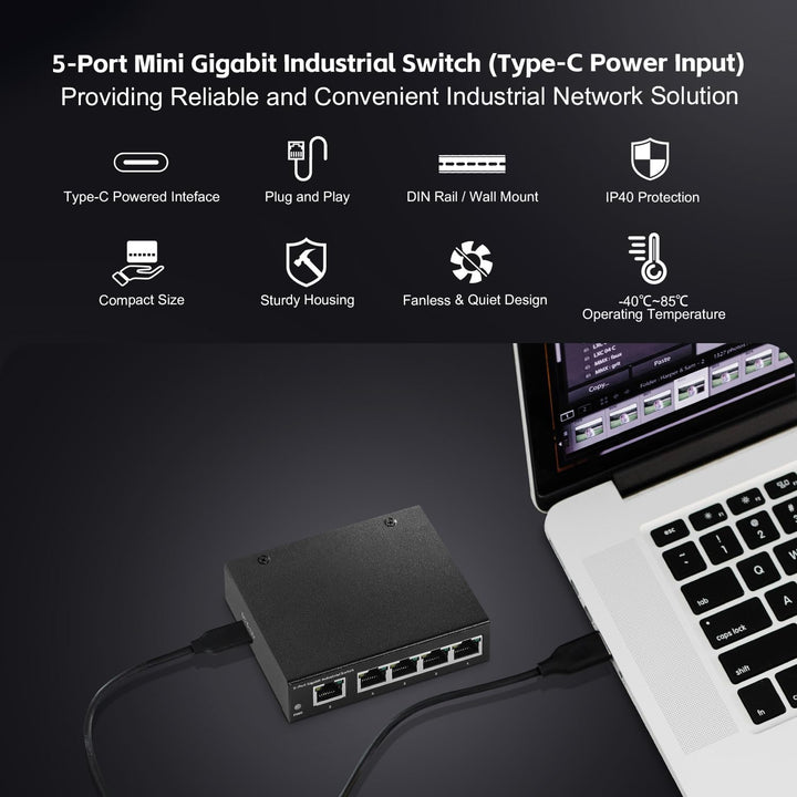 MokerLink 5 Port Gigabit-Industrie-Ethernet-Switch auf DIN-Schiene, Mini-Grösse, Typ-C-Stromversorgu
