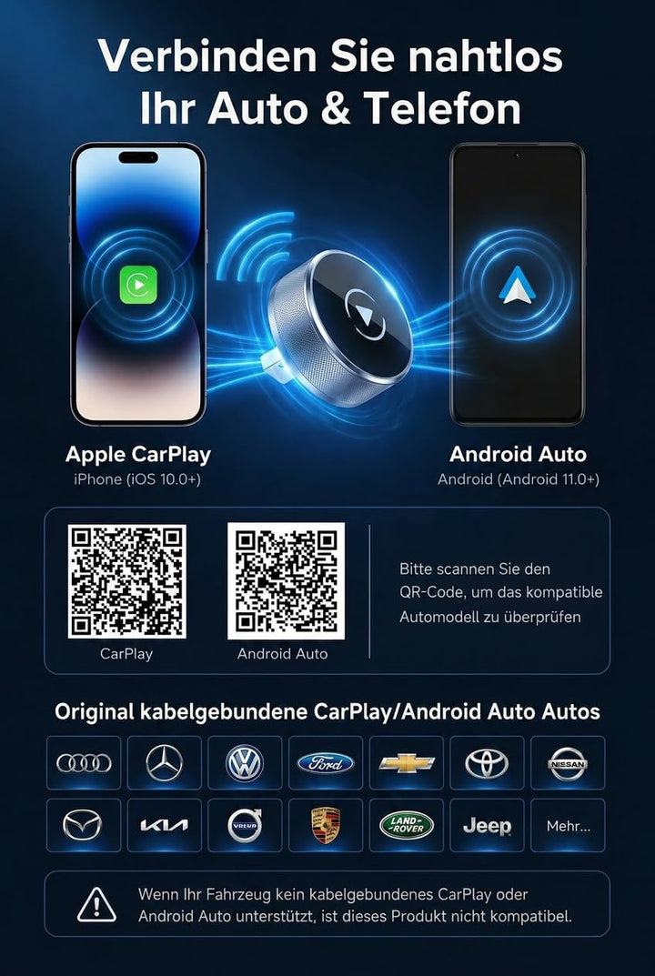 2026 Carplay Wireless Adapter, 2 in 1 Car Play &amp; Android Auto Adapter Kabelgebundenes CarPlay Kabell
