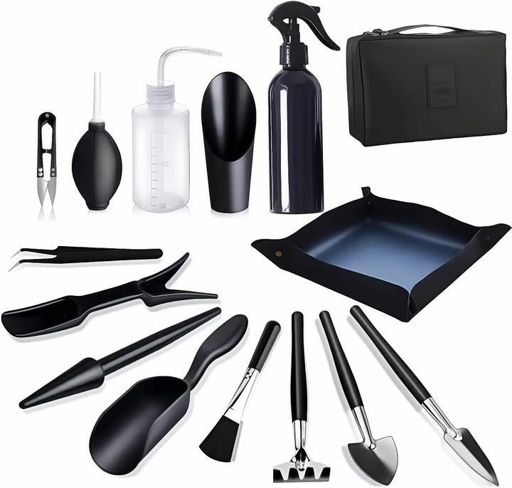 Bonsai Werkzeug Set 15 Stück mit wasserdichte Umtopfmatte & Aufbewahrungstasche,Mini Gartengeräte Ga