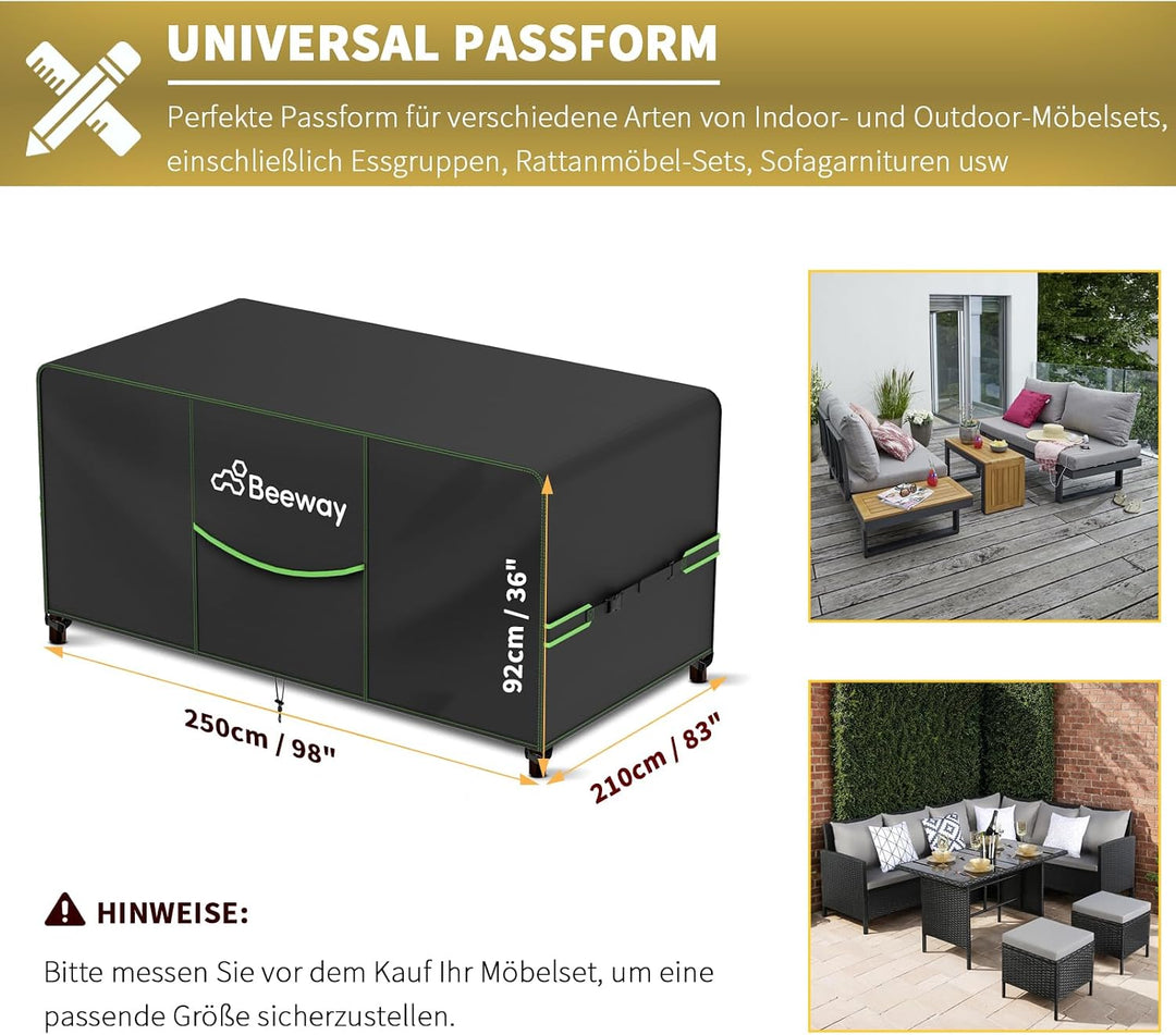 BEEWAY Gartenmöbel Abdeckung Wasserdicht V2.0 250x210x92cm, Schutzhülle Abdeckplane für Gartentische