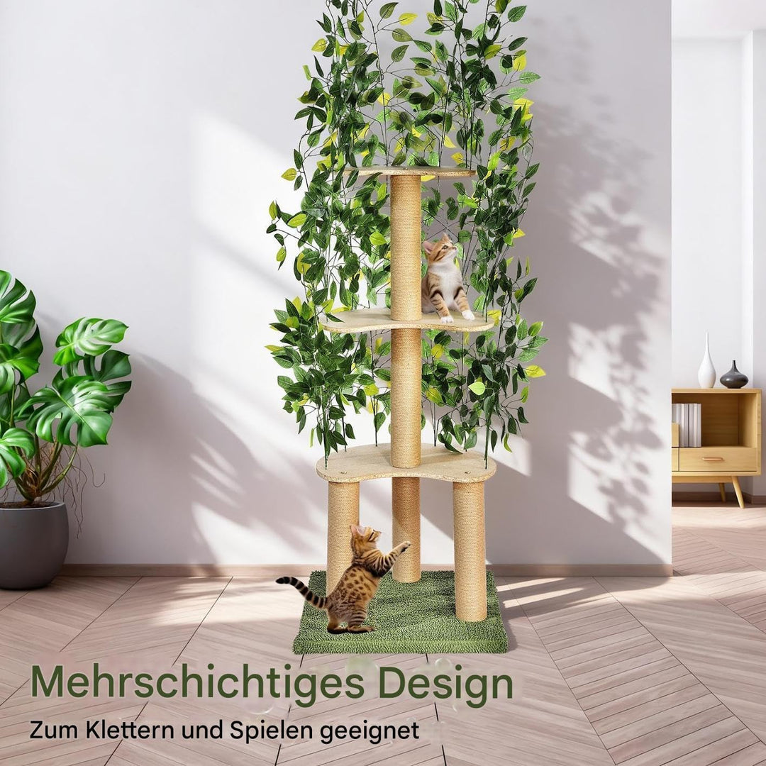 kratzbaums Mit Blättern Aus Holz – Grosser Mehrstöckiger Katzenkratzbaum Mit Sisal-Säulen, Natürlich